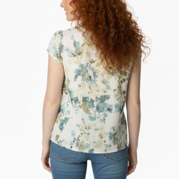 Van Heusen Artsy Watercolor Floral Smock Blouse Cap Sleeve Earthy Green Top Sz M - Picture 3 of 14